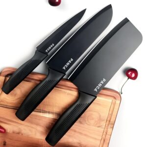 PANCA Knife Set of 3 with Cover, Stainless Steel Knives PANCA Knife Set of 3 with Cover, Stainless Steel Knives for Kitchen| Sharp Edge Cutting Chef Knifes for Chopping Vegetables, Fruits, Multipurpose Knife, Kitchen Tools(Set of 3, Black)