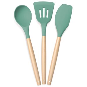 PANCA Silicone Non Stick Spatula Set of 3,Non Stick Serving Spoon | Silicone Spatula Set for Cooking and Serving | Kitchen Tool (Green,Set of 3 Piece)