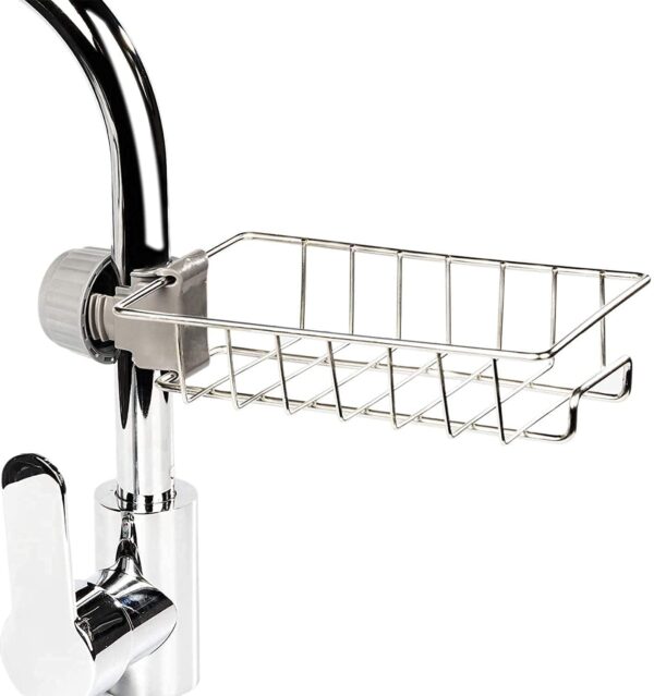 POPFIZZ Stainless Steel Adjusting Multifunctional Over Kitchen Sink Caddy Clamp Faucet Sponge Scrubber Holder Storage Hanging Shelf Draining Bathroom Tap Shampoo Soap Organizer Rack