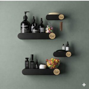 Pack of 4 Bathroom Shelf for Wall, Self-Adhesive Bathroom Organiser, Wall Mounted Shelf, Kitchen Storage Racks, Soap Holder (Plastic, 2 Bathroom Shelves+ 2 Soap Holders) (Black)