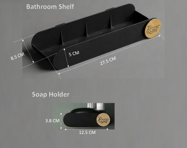 Pack of 4 Bathroom Shelf for Wall, Self-Adhesive Bathroom Organiser, Wall Mounted Shelf, Kitchen Storage Racks, Soap Holder (Plastic, 2 Bathroom Shelves+ 2 Soap Holders) (Black)