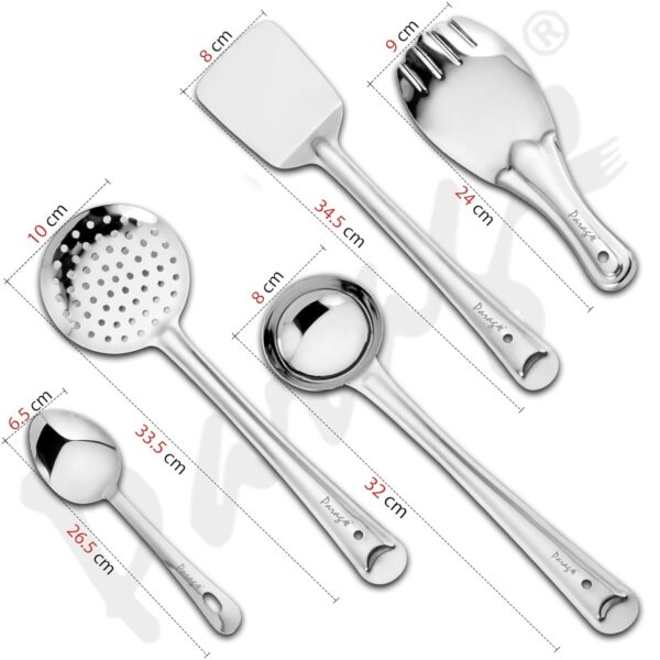 Parage 5 Pieces Stainless Steel Kitchen Tools Set for Kitchen Cooking and Serving, Pack of 5, Ladle(Karchhi), Skimmer(Jhara), Turner/Spatula (Palta), Basting and Rice Spoon, Silver