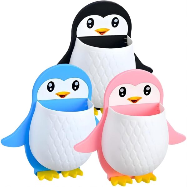Penguin Shaped Wall Mounted Holder, Self Adhesive Storage Organizer for Bathroom, Toothbrush and Brush Stand,Multipurpose Plastic Bathroom Accessory (White -Pink) (Pack of 1)