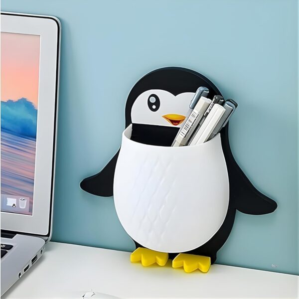 Penguin Shaped Wall Mounted Holder, Self Adhesive Storage Organizer for Bathroom, Toothbrush and Brush Stand,Multipurpose Plastic Bathroom Accessory (White -Pink) (Pack of 1)