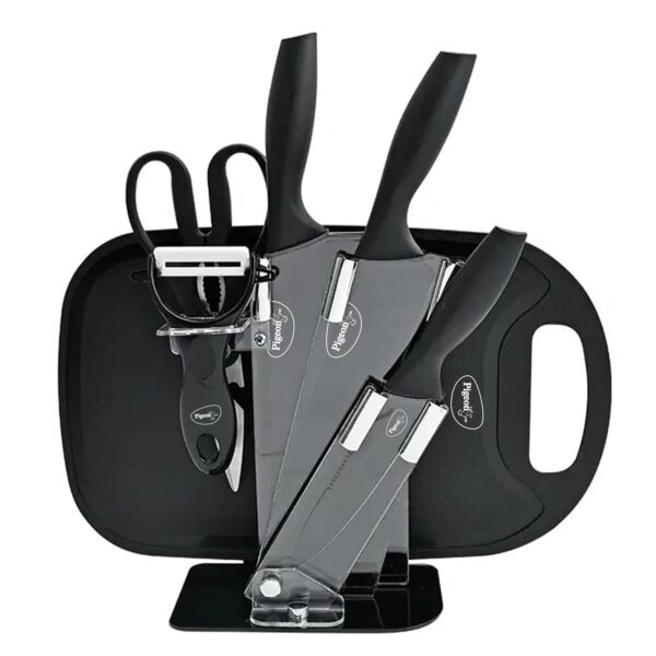 Pigeon by Stovekraft Edge Multipurpose Combo|High Grade Stainless Steel|3 Pcs Pigeon by Stovekraft Edge Multipurpose Combo|High Grade Stainless Steel|3 Pcs Kitchen Knife, 1 Chopping Board, 1 Peeler, 1 Scissor and 1 Stand |Black