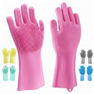 Pivalo Silicone Gloves Reusable Rubber Dishwashing Kitchen Scrubber for Pet Grooming Washing Dishes Bathroom Car - (1 Pair, Multicolour)