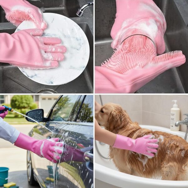 Pivalo Silicone Gloves Reusable Rubber Dishwashing Kitchen Scrubber for Pet Grooming Washing Dishes Bathroom Car - (1 Pair, Multicolour)