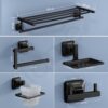 Plantex 304 Grade Stainless Steel Bathroom Accessories Set of 5 - Towel Stand/Napking Holder/Soap Holder/Toothbrush Stand/Robe Hanger - Squaro (Black)