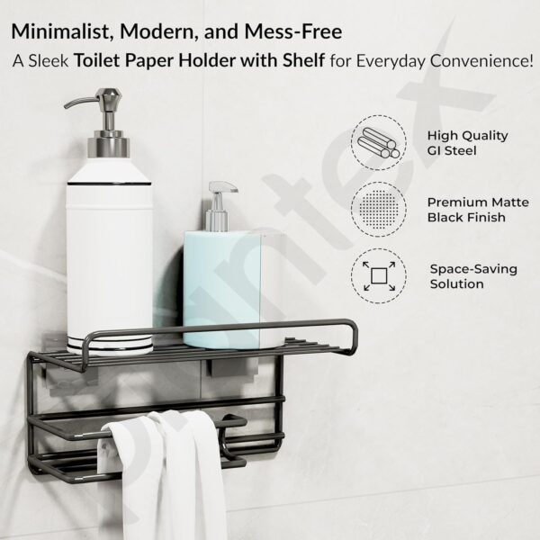 Plantex GI Steel Self Adhesive Toilet Paper Holder/Tissue Paper Roll Holder with Mobile Stand/Towel Bar Hanger Storage Rack/Bathroom Accessories(Black)