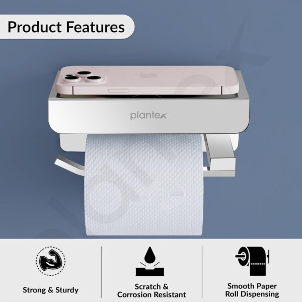 Plantex Platinum Stainless Steel 304 Grade Toilet Paper Holder/Toilet Paper Roll Holder with Mobile Stand/Toilet Paper Roll Holder Stand/Bathroom Accessories (Chrome)