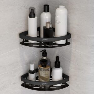 Plantex Self Adhesive Corner Shelf for Bathroom Wall/Aluminium & Stainless Steel Corner Shelf/Storage Organizer/Bathroom Accessories Set - Pack of 2 (8 x 8 inch, Black)