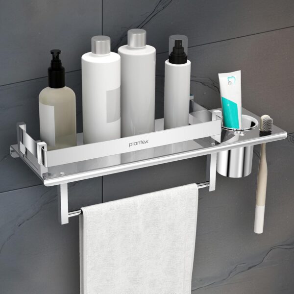 Plantex Stainless Steel Bathroom Shelf/Multipurpose Bathroom Shelf for Wall/Attached Tumbler and Napkin Holder for WashBasin(15 Inches)