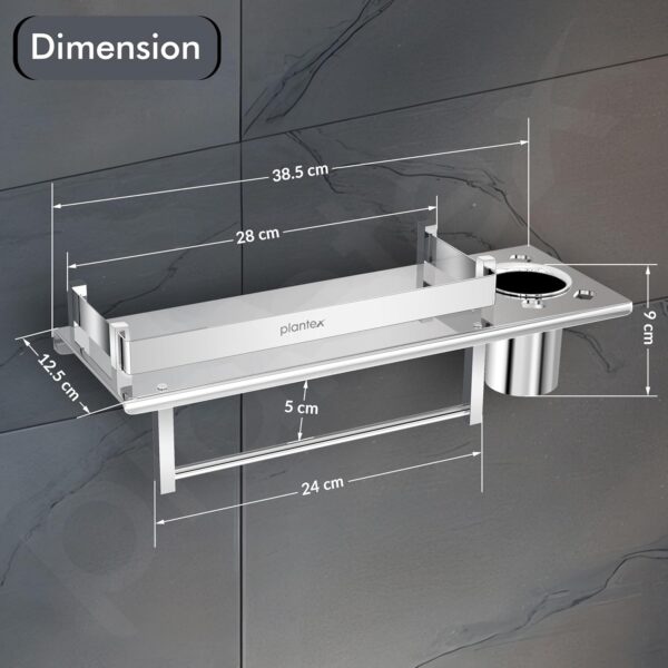 Plantex Stainless Steel Bathroom Shelf/Multipurpose Bathroom Shelf for Wall/Attached Tumbler and Napkin Holder for WashBasin(15 Inches)