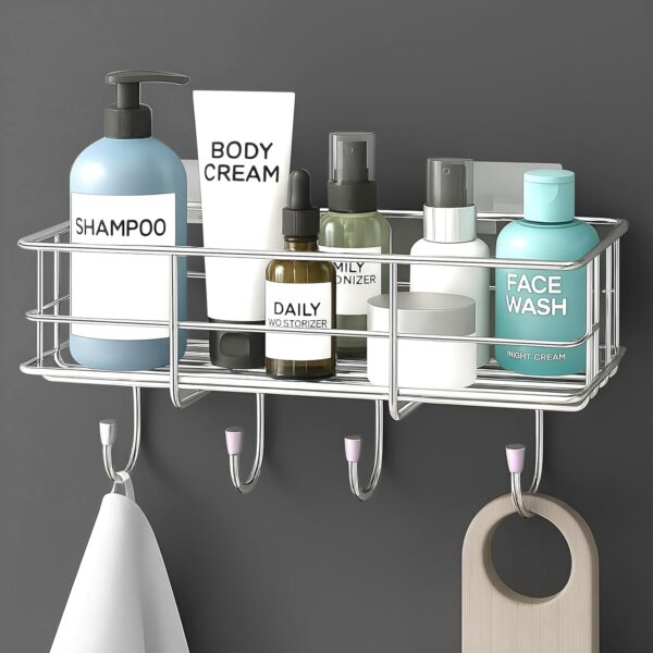 Plantex Stainless Steel Self Adhesive Bathroom Shelf/No Drill Bathroom Organizer with Hooks/Washroom Shelf- Pack of 1(Chrome)