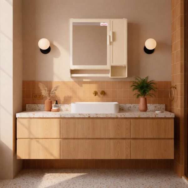 Plastic Nova Bathroom Mirror Cabinet with Shelves and Rod Double Door 14X14 inches (Ivory)