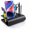 Premium Metal Desk Organizer with Integrated Mobile Stand | Multi-Compartment Office Supply Holder | Matte Black Finish | Made of SS & CRC Material | L150 × W110 × H45 mm