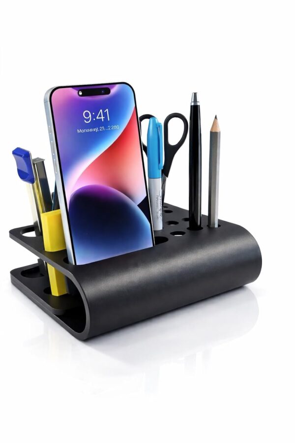 Premium Metal Desk Organizer with Integrated Mobile Stand | Multi-Compartment Office Supply Holder | Matte Black Finish | Made of SS & CRC Material | L150 × W110 × H45 mm