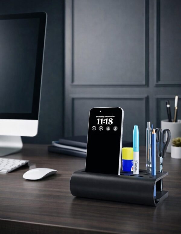 Premium Metal Desk Organizer with Integrated Mobile Stand | Multi-Compartment Office Supply Holder | Matte Black Finish | Made of SS & CRC Material | L150 × W110 × H45 mm