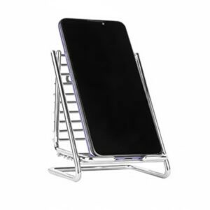Premium Steel Phone Stand, Mobile Holder Adjustable Desktop Holder, Silver Premium Steel Phone Stand, Mobile Holder Adjustable Desktop Holder, Silver Chrome Finish, Universal Compatibility for Smartphones and Tablets