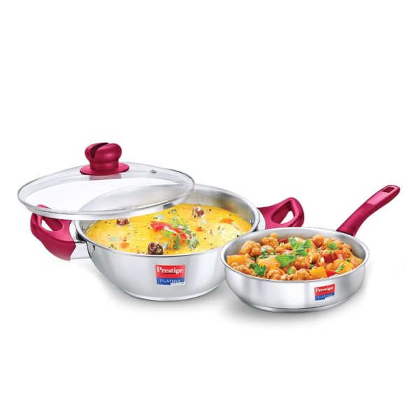 Prestige Stainless Steel 2 Pc Cookware Set with Glass Lid | Platina Popular | Fry Pan 24cm (2.25 L) | Kadai 24cm (2.8 L) | TRIPLY Base | Gas & Induction Compatible | Even Heating | 5Y Warranty | ISI