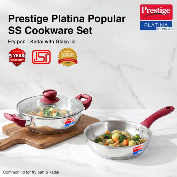Prestige Stainless Steel 2 Pc Cookware Set with Glass Lid | Platina Popular | Fry Pan 24cm (2.25 L) | Kadai 24cm (2.8 L) | TRIPLY Base | Gas & Induction Compatible | Even Heating | 5Y Warranty | ISI