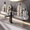 Primechoice Basin Sink Organizer with Suction + Adhesive Mount – Transparent Wall Shelf for Soap, Bottles, Sponge, Toothbrush & Cleaning Accessories | No-Drill Bathroom Storage Rack (Pack of 1)