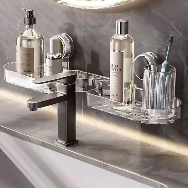 Primechoice Basin Sink Organizer with Suction + Adhesive Mount – Transparent Wall Shelf for Soap, Bottles, Sponge, Toothbrush & Cleaning Accessories | No-Drill Bathroom Storage Rack (Pack of 1)