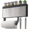 Primeway® Stainless Steel + Plastic 4 in 1 Tango INOX Wall-Mounted Kitchen Rolls Dispenser Holder for Film, Foil, Paper with Multi Utility Spices/Storage Rack & 6 Hooks, Grey