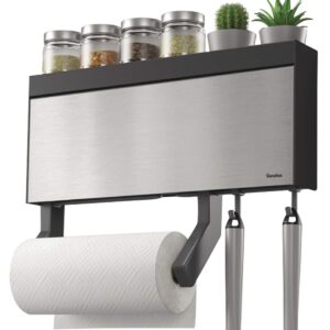 Primeway® Stainless Steel + Plastic 4 in 1 Tango INOX Wall-Mounted Kitchen Rolls Dispenser Holder for Film, Foil, Paper with Multi Utility Spices/Storage Rack & 6 Hooks, Grey