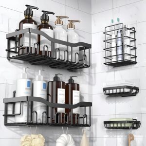 RAYMOX 5 in 1 Self Adhesive Shelf Organizer Combo/Metal Racks and Shelves for Wall/Stand for Bathroom Without Drill/Soap Holder with Tooth Brush Holder/Bathroom Accessories (Black)