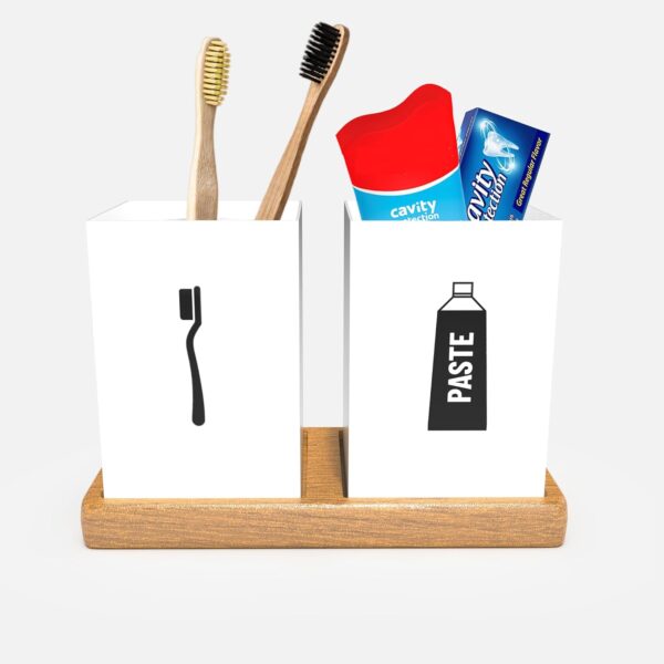 ROSTON Teak Wood Toothbrush Holder Accessories Holders,Bathroom Organizer 2 Compartments, ROSTON Teak Wood Toothbrush Holder Accessories Holders,Bathroom Organizer 2 Compartments, White