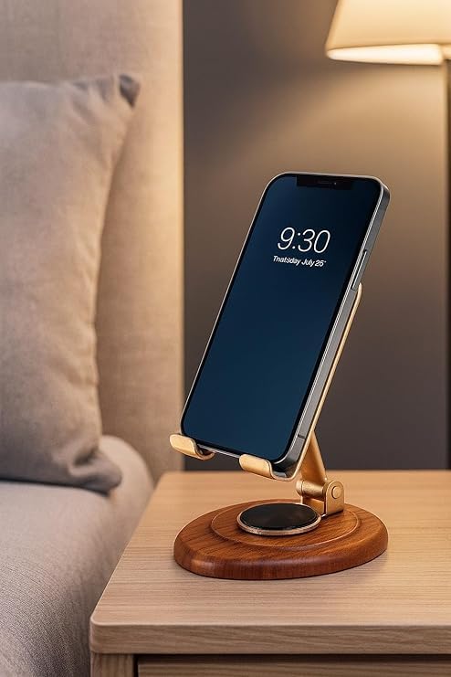 RT 360 Degree Rotation Wooden Golden Premium Metal Mobile Holder for Desktop and Tables Adjustable Height and Angle Compatible with All Smartphones and Tablets 4-10"' Anti Slip Bracket Mobile Stand