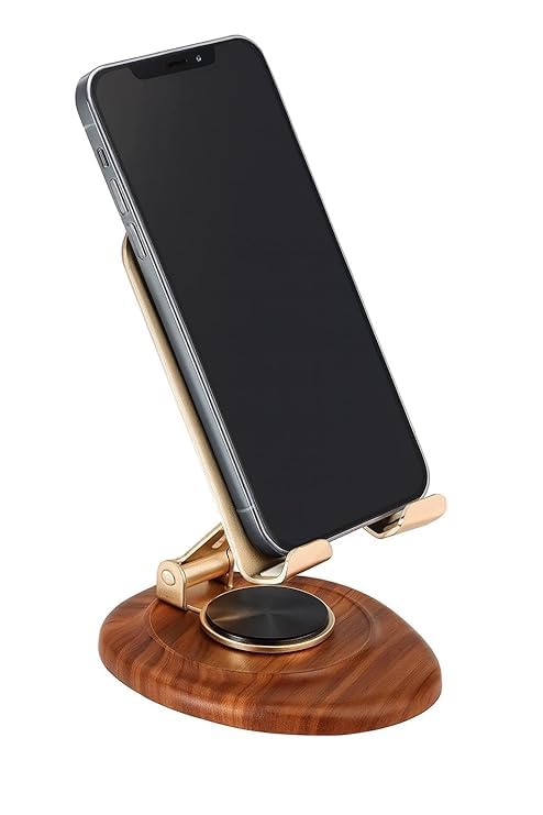 RT 360 Degree Rotation Wooden Golden Premium Metal Mobile Holder for Desktop and Tables Adjustable Height and Angle Compatible with All Smartphones and Tablets 4-10"' Anti Slip Bracket Mobile Stand