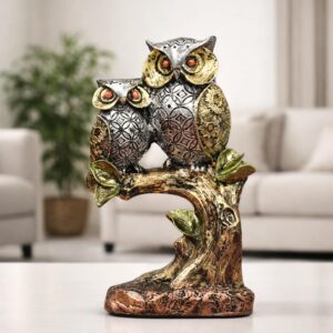 Resin Owl Pair Statue Sitting On Tree - Home Decor/Office Table Top Decoration/Living Room/Garden Showpiece/Gift Item - Pack Of 1 (Design 1), Multicolour