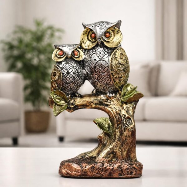 Resin Owl Pair Statue Sitting On Tree - Home Decor/Office Table Top Decoration/Living Room/Garden Showpiece/Gift Item - Pack Of 1 (Design 1), Multicolour