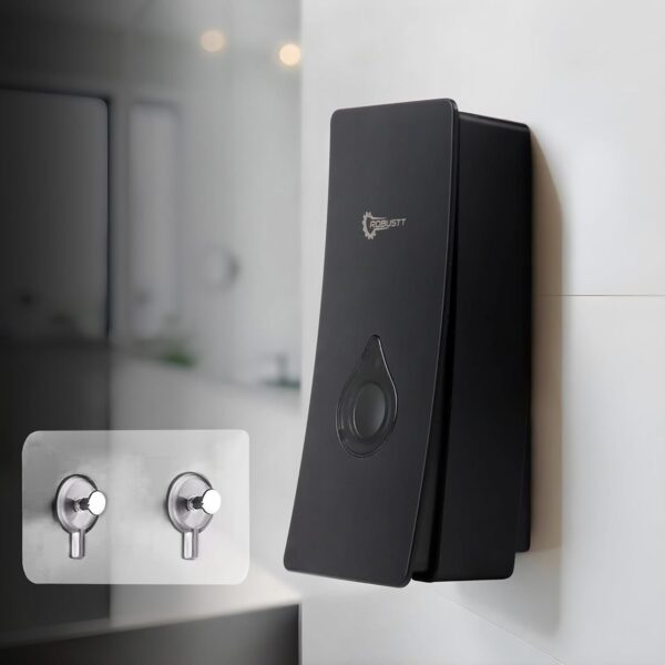 Robustt Manual Wall Mounted Liquid Soap Dispenser - Black (200 ml, Pack of 1) - with Adhesive Hooks | Leak-Proof, Transparent Window, Easy Installation