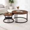 Round Coffee Table Set of 2 for Living Room Wooden Top with Black Metal Frame Modern Nesting Center Table for Sofa Area Home & Office Furniture (Black Brown)