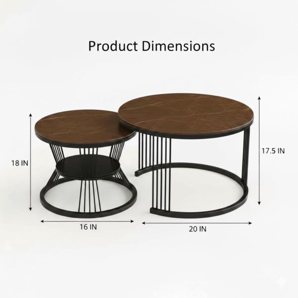 Round Coffee Table Set of 2 for Living Room Wooden Top with Black Metal Frame Modern Nesting Center Table for Sofa Area Home & Office Furniture (Black Brown)