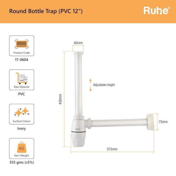 Ruhe® ABS Bottle Trap for Washbasins | Matte Finish Bottle Trap with Wall Flange| 12 Inches Pipe | Round | Ivory | Adjustable Height for Bathroom & Kitchen |Anti Cockroach Tarp