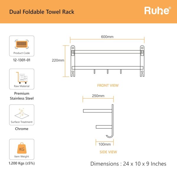 Ruhe® DUAL FOLDING TOWEL RACK | Premium Grade Stainless Steel Dual Folding Towel Rack/Towel Holder/Towel Stand/Accessories For Bathroom and Kitchen | (24 Inches)