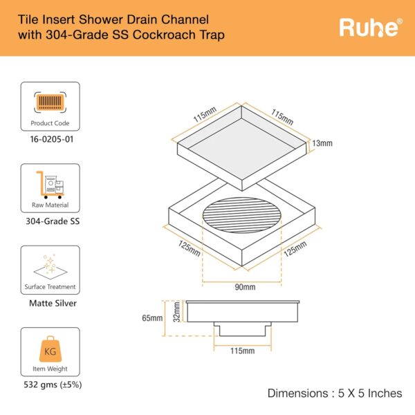 Ruhe® Square Tile Insert Floor Drain | 304 Stainless Steel | Invisible Shower Drain Channel | 5 x 5 Inches | Waste Water Floor Drain for 13mm Tile | Drainer Channel | Anti Cockroach Trap | Silver