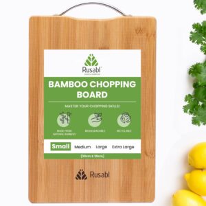 Rusabl Bamboo Wooden Chopping Board with Metal Handle, Multipurpose Cutting Board for Vegetables, Fruits & Cheese, for Kitchen Use, BPA Free, Eco-Friendly, Anti-Microbial (S, 30 x 20 cms)