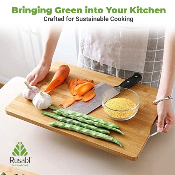 Rusabl Bamboo Wooden Chopping Board with Metal Handle, Multipurpose Cutting Board for Vegetables, Fruits & Cheese, for Kitchen Use, BPA Free, Eco-Friendly, Anti-Microbial (S, 30 x 20 cms)