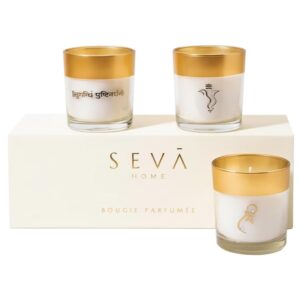 SEVA HOME Enchante Scented Candle Gift Set | Pack of 3 | Orchid, Jasmine & White Musk | 25H Burn Each | Natural Soy Wax | Festive Décor & Luxury Gifting