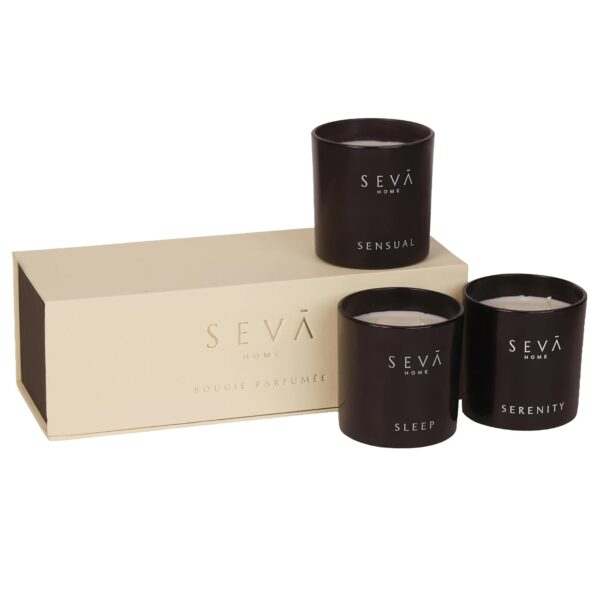 SEVA HOME The Vibes Classic Candle Gift Set of 3 | Sleep, Serenity & Sensual Scents | 30H Each | Natural Soy Wax Black Glass Candles | Luxury Décor & Gifting