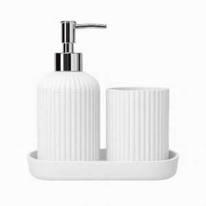 SKADIOO 3-Piece Soap Dispenser Set for Bathroom – Soap Dispenser for Wash Basin, Toothbrush Holder, Vanity Tray & Countertop Organizer for Modern Bathroom Décor & Sink Storage.