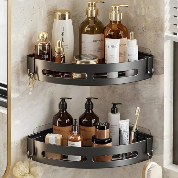 SR 1 PES Plastic Self-Adhesive Wall-Mount Bathroom Corner Shelf Rack Organizer Storage Shelves Holder/Accessories (Black, Pack of 1) (1)