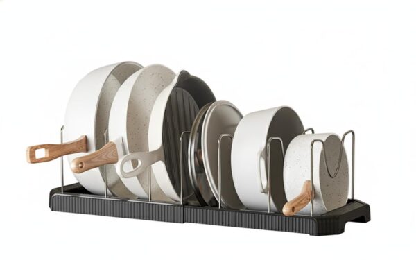 STAR WORK Expandable Pull-Out Pan & Pot Organizer Pan Dish Rack Stand Organizer for Cabinet Kitchen Cabinet Cookware Baking Frying Rack (BLACK)