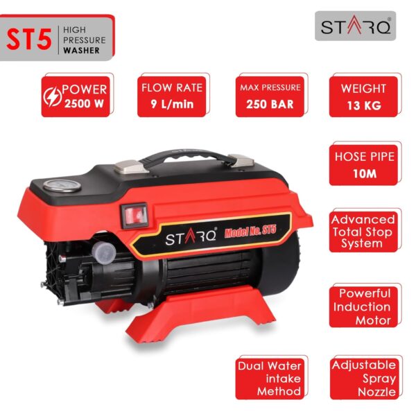 STARQ ST5 | 250 Bar 2500W | Heavy Duty High Pressure Washer for Car, Bike, Home | 1Ltr Professional Snow Foam Lance | Red