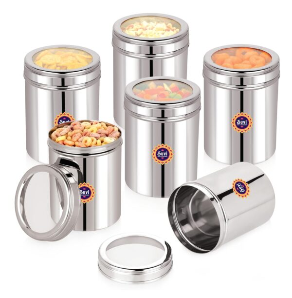 SUVI 1 kg Stainless Steel Kitchen Containers with See Through Lid (1250ml - 6pcs) | Ubha Dabba Multipurpose Storage | Steel Storage Containers for kitchen Food Grains Capacity - 1kg Approx (Pack of 6)